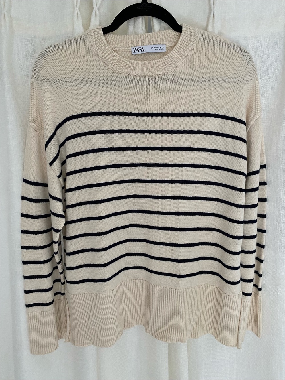ZARA Cream and Navy Striped Crewneck Sweater